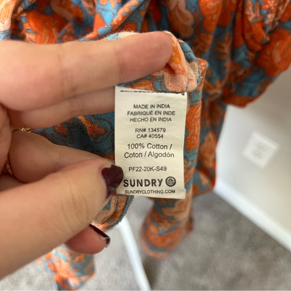 SUNDRY FLORAL MINI SHIFT DRESS SIZE 2 (MEDIUM) SLEEVES ORANGE AND BLUE - Picture 16 of 16